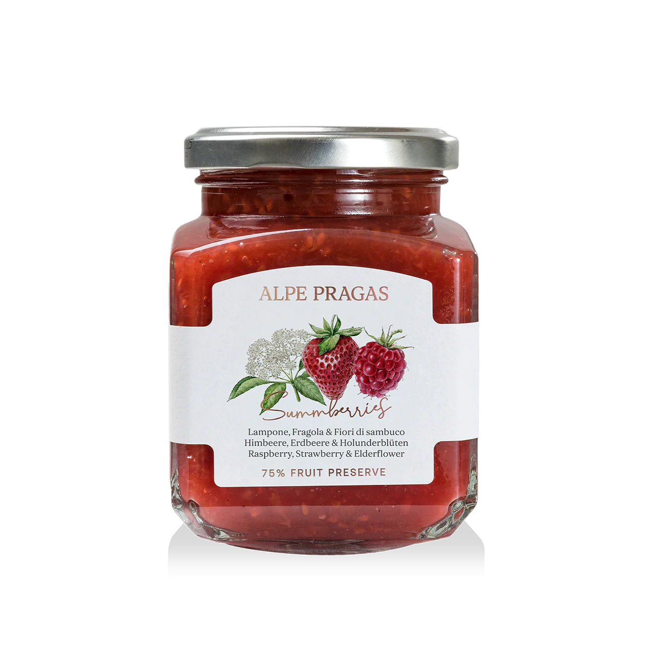 COMPOSTA DI FRUTTA FRAGOLE LAMPONE E FIORI DI SAMBUCO 335g "ALPE PRAGAS"