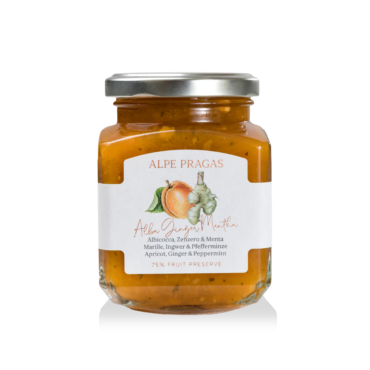 COMPOSTA DI FRUTTA ALBICOCCA,ZENZERO & MENTA 335g "ALPE PRAGAS"