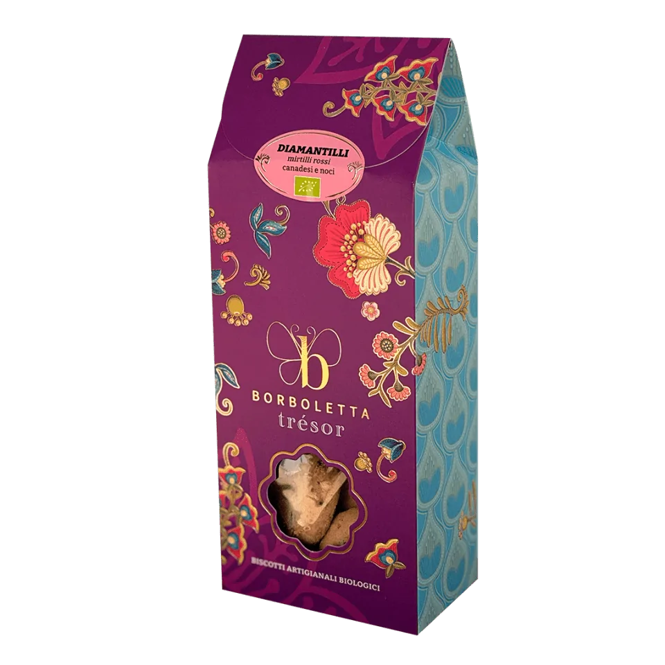 BISCOTTI DIAMANTILLI "MIRTILLI ROSSI CANADESI & NOCI BIO" 135G BORBOLETTA