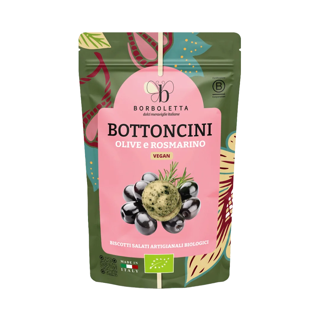 BOTTONCINI SALATI AL GUSTO DI OLIVE NERE E ROSMARINO VEGAN 150G "BORBOLETTA"